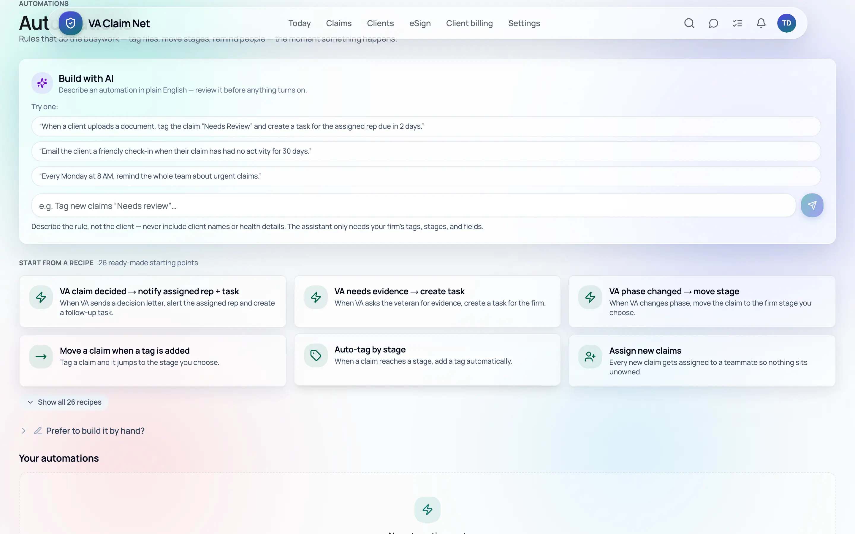 The automation builder: a plain-English prompt box for describing a rule, with ready-made starting points beneath it for notifying the assigned rep when VA decides a claim, creating a task when VA asks for evidence, and moving a claim when its VA phase changes.